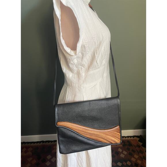 NWOT Kimberly Chalos Black Leather with Wood Front. Adjustable Strap. - Picture 6 of 8